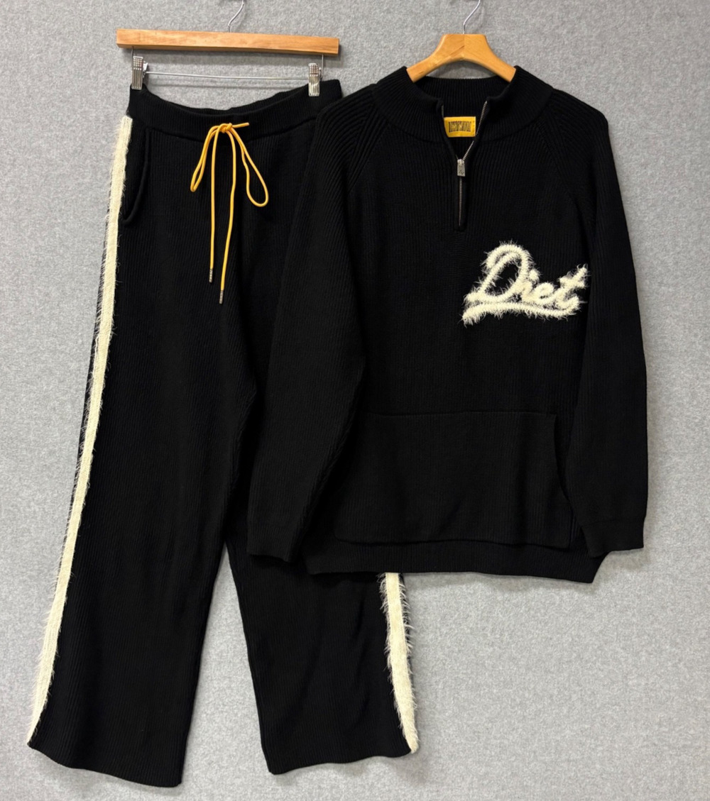 Diet Starts Monday Waffle Knit 2pc Set Black Mohair Stripe Jacket Pants Medium
